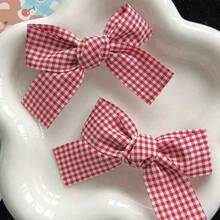 2Pcs/Korean Style Cute Gingham Fabric Bow Hair Clip Side Clip Bangs Clip Hair Clip Duck Mouth Clip Headpiece Polyester    Bow  Pearls - 粉色 - 查看 1