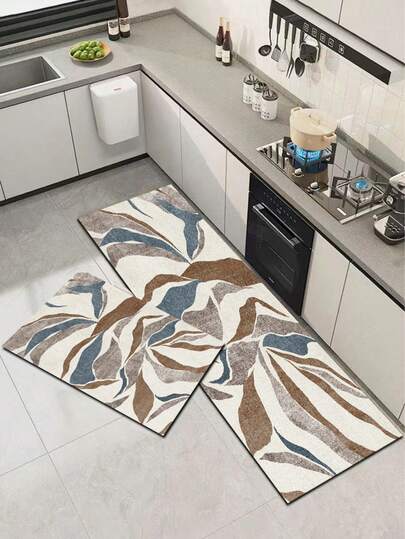 1pc Modern Abstract Brushstroke Pattern Silicone Bathroom Mat, Featuring Ivory Base With Caramel Brown, Hazy Blue And Light Gray Asymmetrical Color Blocks, Presenting A Soft And Artistic Scandinavian Wabi-Sabi Style. Suitable For Kitchen, Bathroom, Entryway, Laundry Room, Bedroom, Living Room Decor.