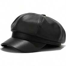 Women's PU Leather Newsboy Cap 8 Panel Paperboy Newsie Cap Bakerboy Beret Cabbie Hat, Fashionable Headwear - màu đen - Xem 12