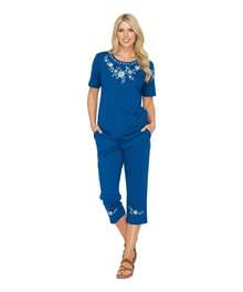 Women Short Sleeves Embroidered Cotton Blend Lounge Wear  Sets - Cobalt - View 2