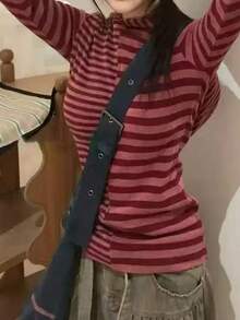 Asymmetric Striped Hoodie Slim Fit Long Sleeve Top, Collegiate Style - Red - View 1