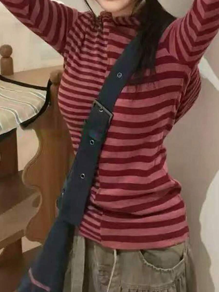 Asymmetric Striped Hoodie Slim Fit Long Sleeve Top, Collegiate Style - Red - View 1