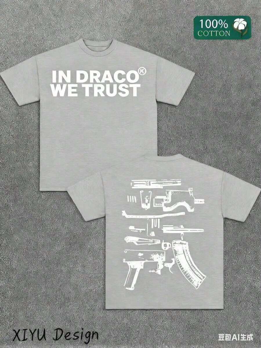 1pcsA High-Quality Men's Street T-Shirt, Which We Trust In Draco, Is Printed On Both Sides Of Firearms, A Must-Have Fashion Item For Inspirational Men, A Men's T-Shirt With Round Neck And Short Sleeves, Cotton Casual, Loose And Versatile, And A Must-Have For Outdoor Sports. 2025180gfunny Graphic Tees, Men's T-Shirt, Summer Tops - 灰色 - 查看 1