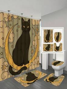 1pc Cat Moon Shower Curtain With Black Cat Silhouette, Crescent Moon, Floral And Butterfly Patterns, Mysterious Design, 70.8x70.8 Inches, With 12 Hooks - G - View 3