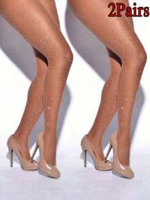 New Sexy Colorful Crystal Rhinestone Fishnet Tights, Shiny Glitter Hollow Pantyhose, Nightclub Style - Beige - View 6
