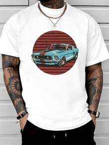 Auto clásico azul con franjas rojas frente a un atardecer de líneas horizontales simboliza la libertad la velocidad y la pasión por la carretera expresando un espíritu aventurero y nostálgico camiseta de hombre casual cómoda y moderna - Blanco - Ver 1