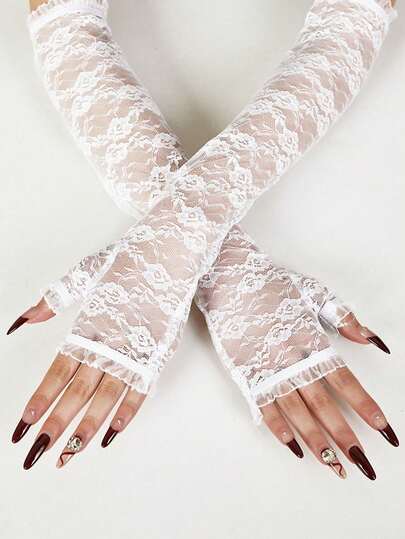 1 Pair Sexy Lace Women's Half Finger Gloves, Lightweight Sheer Mesh Long Sleeve Sun Protection Arm Sleeves For Summer Sports