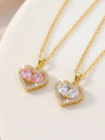 1pc Diamond Heart Pendant - Gift For Best Friend On Valentine's Day, Round Cut Clear Cubic Zirconia With Pink Teardrop Jewelry, Suitable For Office, Commute, Work And Anniversary Occasions