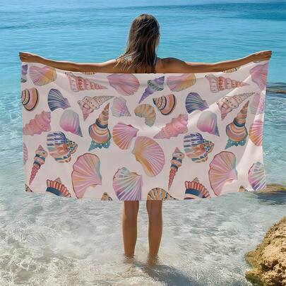 1条夏季粉色贝壳图案印花沙滩巾/浴巾，单面印花，速干超柔软纤维沙滩巾，防晒披肩，瑜伽垫，便携式假日沙滩泳池运动毛巾，亲肤柔软礼品毛巾，轻便浴室沙滩巾