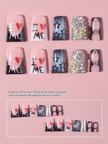 24pcs Y2K Style Long Duck Mouth Star Pattern French Manicure Nail Stickers, Ombre Color Design, Decorated With Rhinestones, Includes 1pc Jelly Gel And 1pc Nail File - Multicolor - View 5