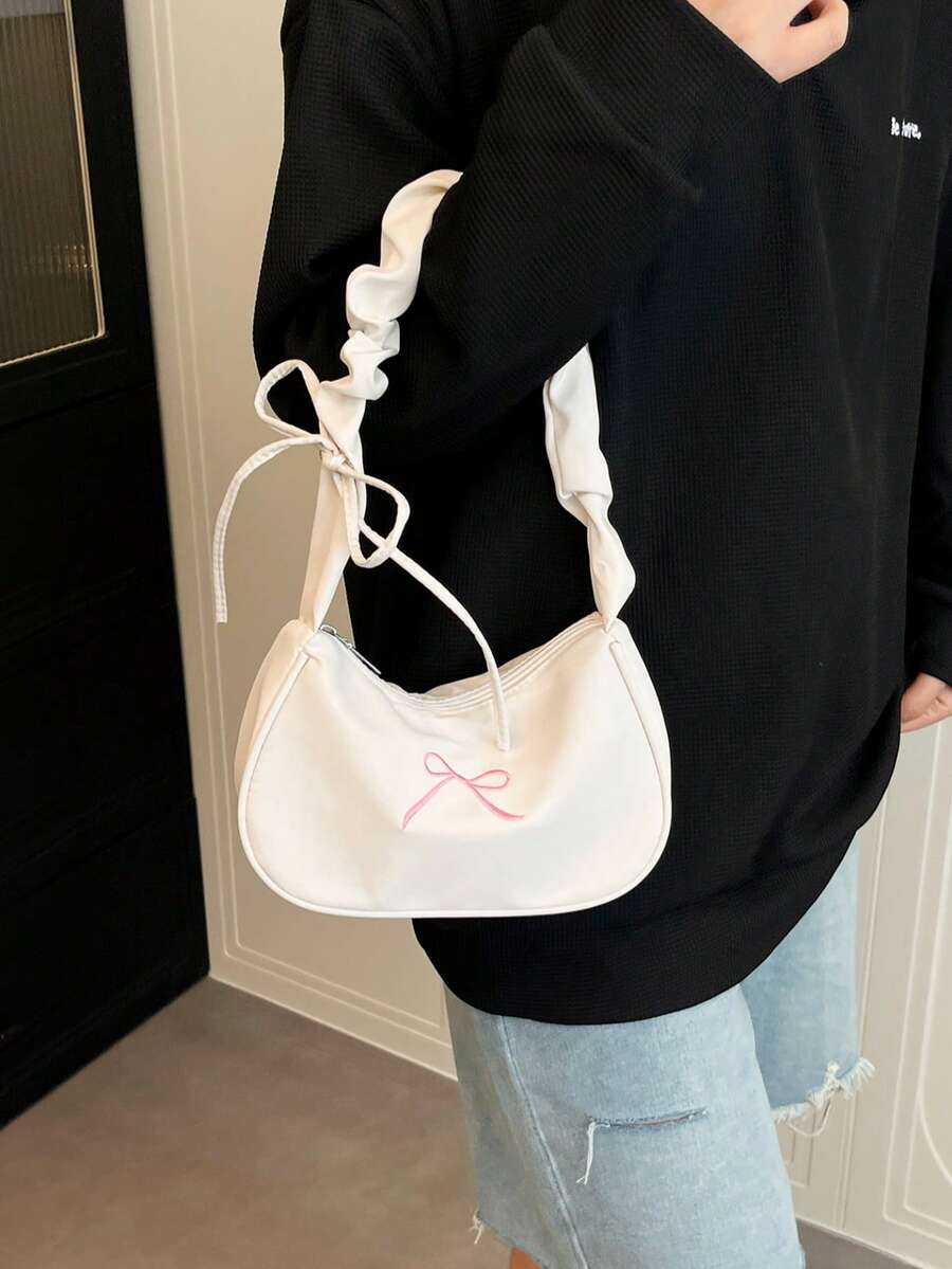 Spring/Summer New Arrival - Cute Floral Print Crossbody Bag, Decorated With Ribbon And Bow, Lightweight Polyester Shoulder Bag, Suitable For Commuting And Travel, Black & White Design With Pink Floral Pattern, Commuter Bag Floral Print Lightweight Bag - White - View 1