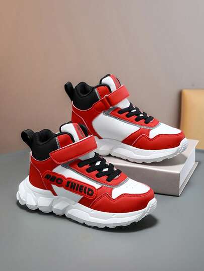 儿童时尚皮革拼接运动鞋，防滑耐磨软魔术贴运动鞋，1双装，适合男孩女孩户外休闲运动鞋