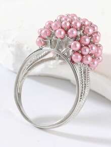 Anel de Pérola Falsa Estilo Vintage, Aliança de Casamento Perfeita e Presente de Aniversário para Mulheres - Rosa chiclete - Visão 3