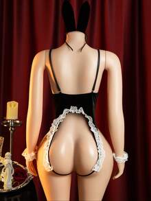 性感兔女郎连体衣套装，不含手镯、发带和丝袜 - 黑與白 - 查看 5