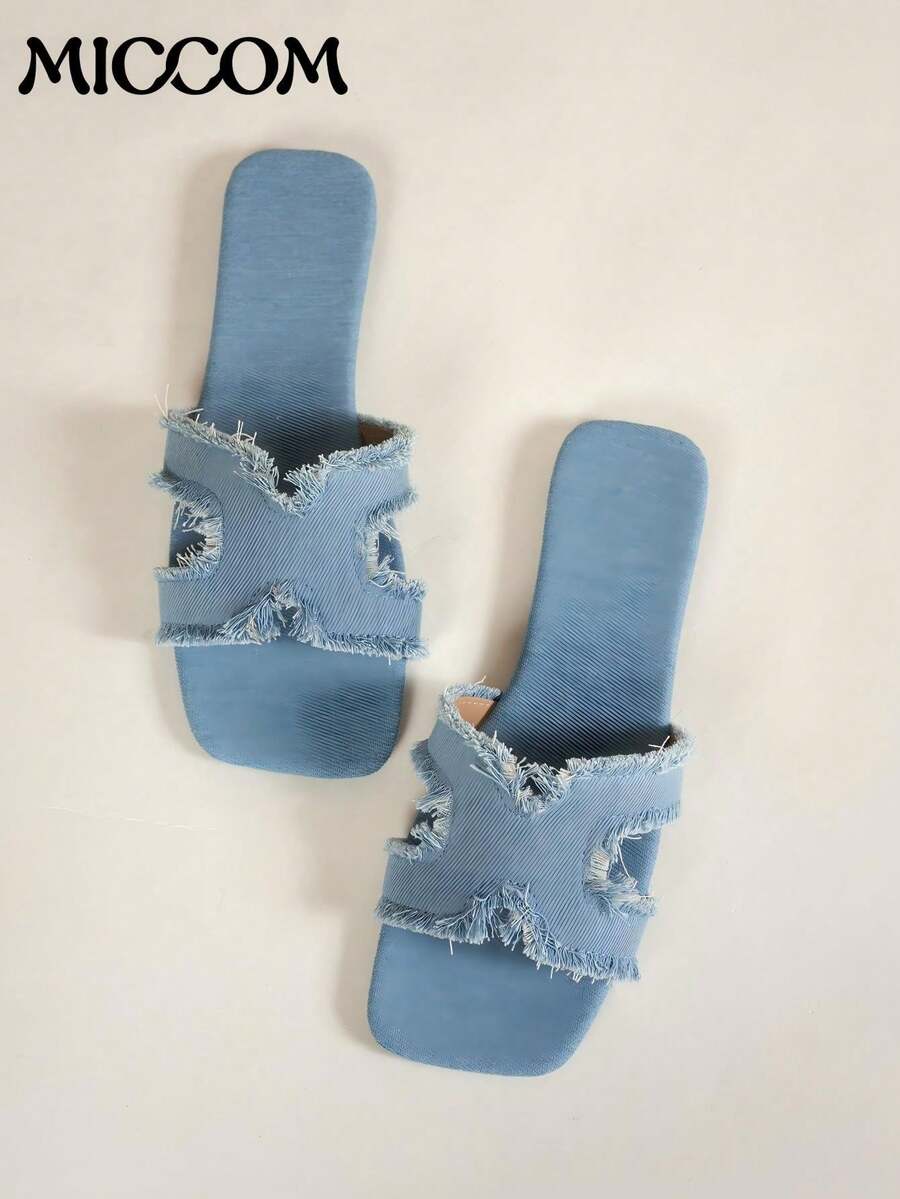 Women's Fashion Square Toe Flat Slippers, Versatile Ladies' Sandals For Spring And Summer - Blue - View 1