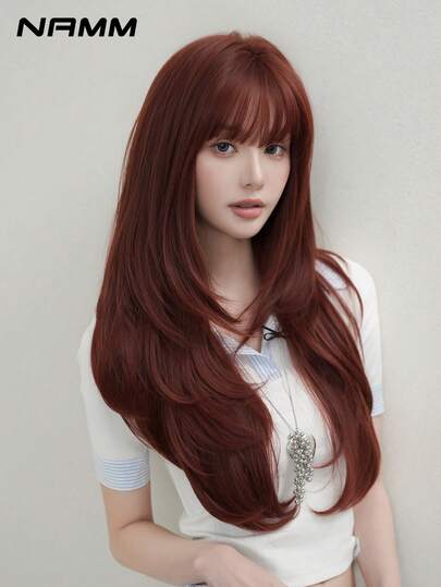 NAMM 26 Inch Red Brown Long Straight Wigs High Quaily 150% Density Fashion Wigs For Women Daily Party Use Heat Resistant Synthetic Wig , Full Machine Beautiful Costume Wig For Girls Daily,Halloween Wig, Music Festival Party Street Wear, Cosplay Anime Or Costume Use(Natural Layered Texture & Lightweight)