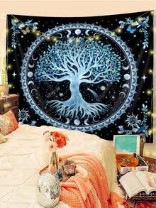 1pc Bohemian Style Tree Of Life Printed Tapestry, Modern Polyester Square Decorative Wall Hanging Suitable For Living Room And Bedroom - Multicolor - View 2