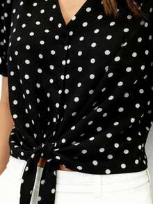 Women's Polyester Short Sleeve Collared Button-Up Striped Shirt/Blouse, Regular Fit - Black - View 5