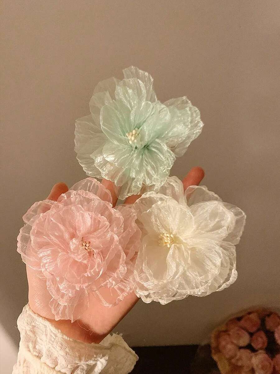 3件套波西米亚风仿真花发夹，复古网纱花朵发饰，时尚百搭侧边花朵头饰，适合度假、情人节等场合 - 彩色 - 查看 1
