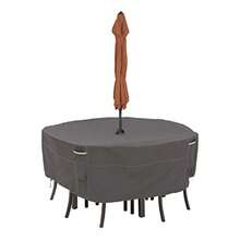 Classic Accessories Ravenna - Mesa Redonda para Patio y sillas con Orificio para Paraguas Marrón Topo Pequeño - Gris topo oscuro - Ver 1