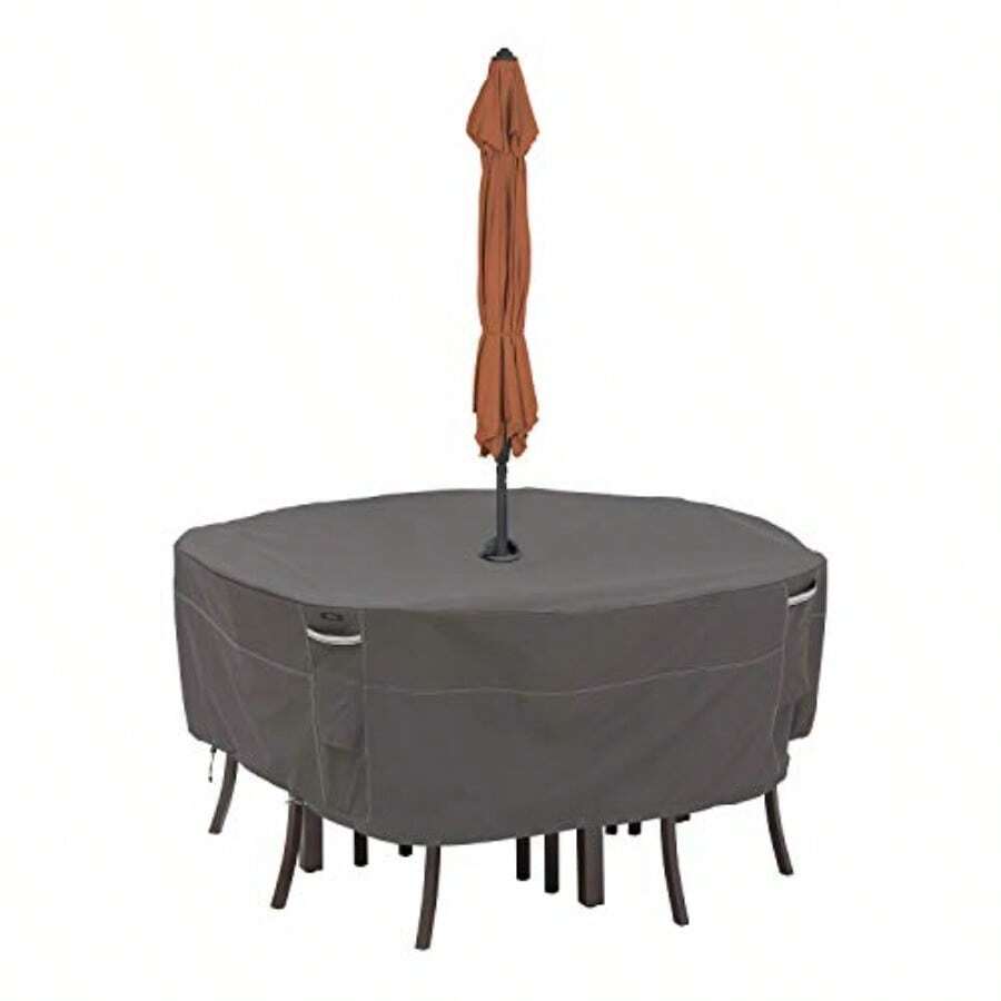 Classic Accessories Ravenna - Mesa Redonda para Patio y sillas con Orificio para Paraguas Marrón Topo Pequeño - Gris topo oscuro - Ver 1