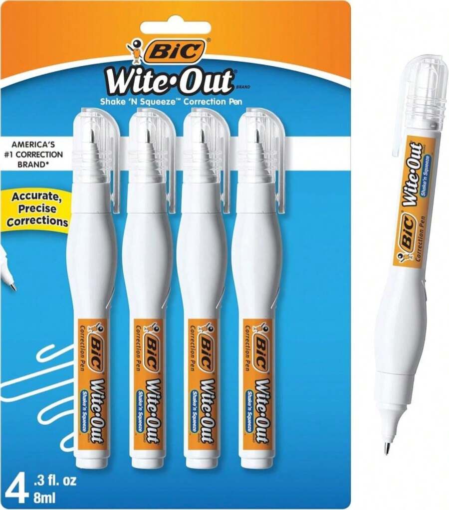 BIC Wite-Out Brand Shake 'N Squeeze Correction Pen, 8 ML Correction Fluid, 4-Count Pack Of White Correction Pens, Fast, Clean And Easy To Use Pen Office Or School Supplies - ColorA - 查看 1