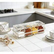 Caja acrílica para especias, sal y pimienta | Caja de plástico para masala con 4 cucharas, recipientes transparentes para la cocina, utensilios de cocina (transparentes) - transparente - Ver 7