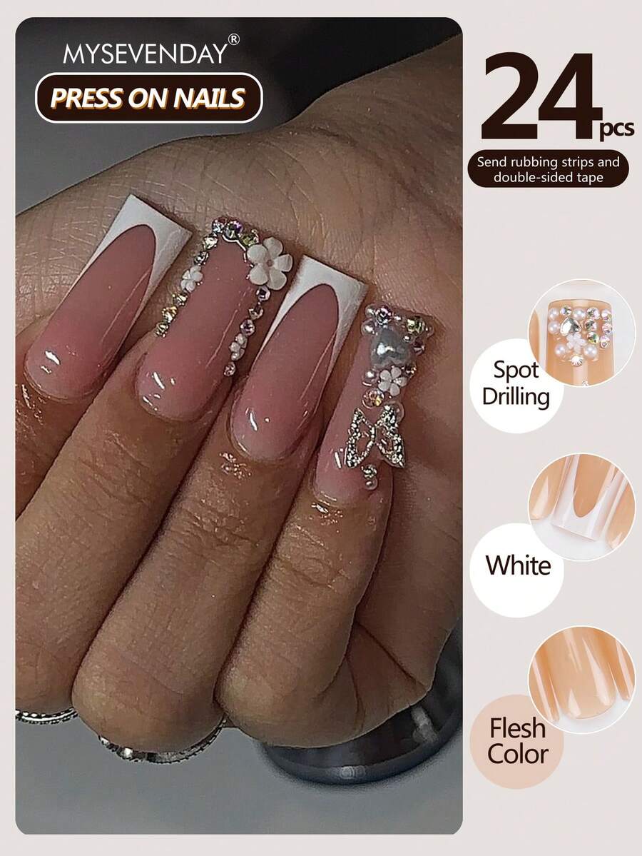 24pcs Coffin Shaped Nail Tips, Featuring European & American Style French Manicure Design With 3D Metallic Butterfly & Pearl Rhinestone Decor, Comes With Jelly Glue And Nail File, Reusable For Daily Wear To Enhance Your Elegance Press On Nails - Multicolor - View 1