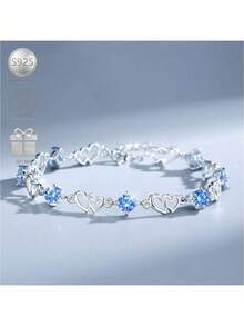 1pc Minimalist & Fashionable 925 Silver Cubic Zirconia Heart Geometric Bracelet, Suitable For Women, Ideal For Vacation, Party And Music Festival - Silver - View 5