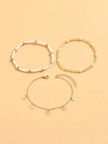 Bộ 3 vòng chân đính hạt kiểu Bohemian, mặt dây chuyền hình đĩa, ngọc trai giả vàng nhiều lớp, trang sức chân thời trang mùa hè đi biển, vị trí mặt dây chuyền ngẫu nhiên, dây chuyền thủ công cắt theo chiều dài. - Nhiều màu - Xem 1
