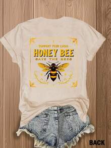 Women's Double-Sided Print T-Shirt, Support Local Bees Tee, Vibrant Bee Design, Soft Breathable Cotton Blend, -Friendly Casual Top For Nature Lovers, Outdoor & Vacation - 杏色 - 查看 3