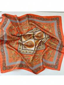 1条方形真丝围巾，女士缎面印花发带，头巾，时尚女士领巾，披肩，围巾，头巾，服装配饰 - 橘色 - 查看 8