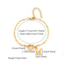 1pc New Fashion Heart Initial Pendant Golden Stainless Steel Lip Chain Bracelets For Women - Yellow Gold - View 2