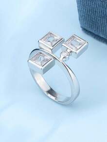 创意方形和圆形几何戒指，合成锆石首饰，女士礼物 - 白色 - 查看 3