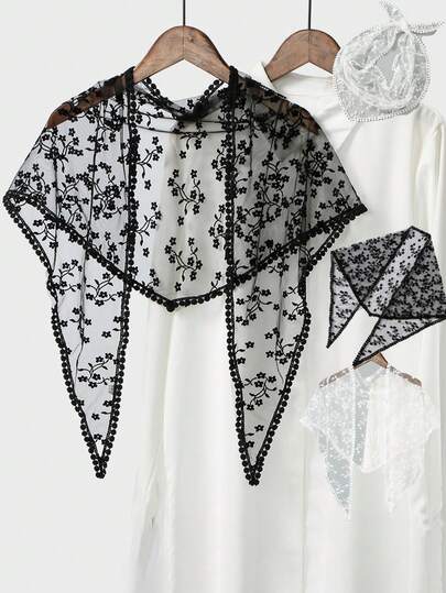 1pc Korean Style Hot-Selling Small Flower Embroidered Polyester Triangular Scarf, Versatile Fashion Decorative Headscarf, Shawl, Waist Sash With Floral Print, Polyester Fiber