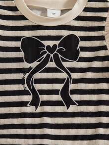 2pcs/Set Girls Casual Outing Fashion Printed Striped Bow Decor Sleeveless Top And Long Pants Set, Summer - Black - View 5