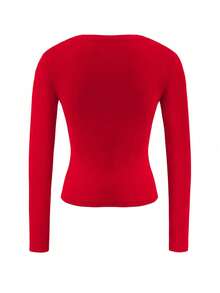 Vaiaye 女士修身 V 领性感长袖 Y2K 针织上衣，春夏纯色 V 领 T 恤，适合情人节休闲穿着 - 紅色 - 查看 4