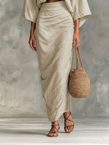 女士长款修身半身裙，配有隐形拉链，适合休闲或正式场合。 - 米色 - 查看 2