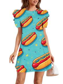 Hot Dogs With Mustard And Ketchup On Blue Background Summer Dresses For Women Casual Petal Sleeve Swing Vacation Dress - 彩色 - 查看 1