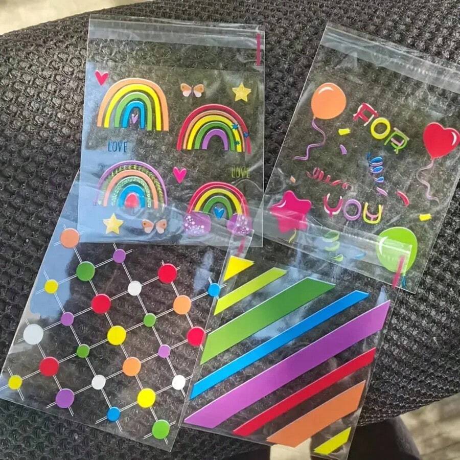 100pcs Rainbow Gradient Self-Sealing Gift Bags, Suitable For Valentine's Day And Birthday Party Gifts, Striped Plastic Gift Bags Without Accessories - View 1