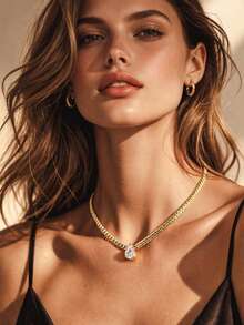 Dây chuyền mặt dây hình giọt nước bằng thép không gỉ mạ vàng 18K đính đá Zirconia, kiểu dáng tối giản sang trọng cổ điển dành cho nữ. - Giọt nước - Xem 4