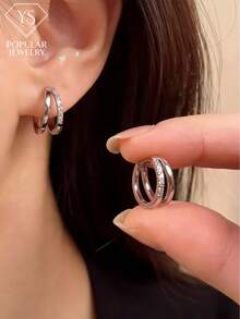 1对优雅耳环 - 时尚与精致的完美融合，双层设计，适合年轻女士和学生佩戴，铜质微镶嵌耳环 - 銀色 - 查看 1