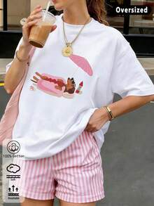 Buntes Dackel-Muster-Design Damen T-Shirt in Große Größen mit Rundhalsausschnitt und lockerer Passform, Urlaub Reise Strand, Geburtstagsparty - Weiss - Übersicht 1