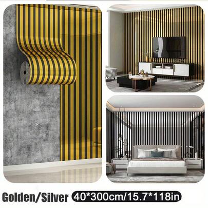 Brodark 1 Roll 40x300cm Self-Adhesive Mirror Reflective 3D Striped Design Wall Sticker, 3D Wall Panel, Decorative Tile, Hong Kong Style Gold & Silver Color Options, Durable Vinyl Foam Backing, Washable & Scratch-Resistant, Suitable For Hotel, Exhibition Hall Backdrop, Removable Installation For Flexible Use, Visually Striking