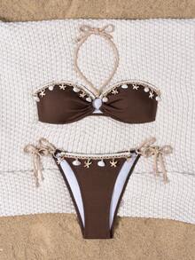 Serie Chica Afortunada 2026 Conjunto de Bikini de Mujer con Decoración de Concha y Estrella de Mar, Estilo Resort de Playa con Pantalones de Lado con Cordón, Anillo de Metal y Diseño con Volantes 2 Piezas, Adecuado para Fiestas de Yates, Fiestas de Piscina y talla grande Vacaciones - Marrón - Ver 6
