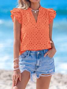 Women Summer V Neck Ruffle Cap Sleeve Hollow Out Eyelet Embroidered Double Layer Boho Shirts Casual Pullover Blouses Dressy Outfits Tops - Orange - View 4