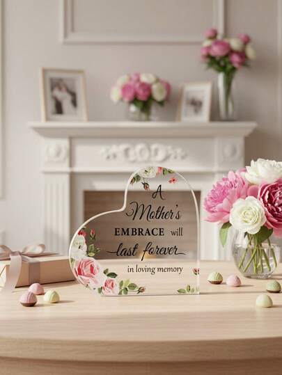 1pc Acrylic Heart-Shaped Decorative Ornament, Transparent English Slogan Heart-Shaped Display Stand, Mother's Day Birthday Gift, Suitable For Mother's Day Gifts And Home Holiday Celebration Tabletop Decor, Gifts For Mom