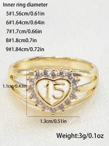 1pc Elegant Cubic Zirconia Heart-Shaped Women's Ring, Fashionable "15" Design, Versatile Jewelry Suitable For Women's Daily Wear, Adult Gift, Party, Date, Valentine's Day, Anniversary, Gift For Daughter, Girlfriend, Wife - Champagne - View 2