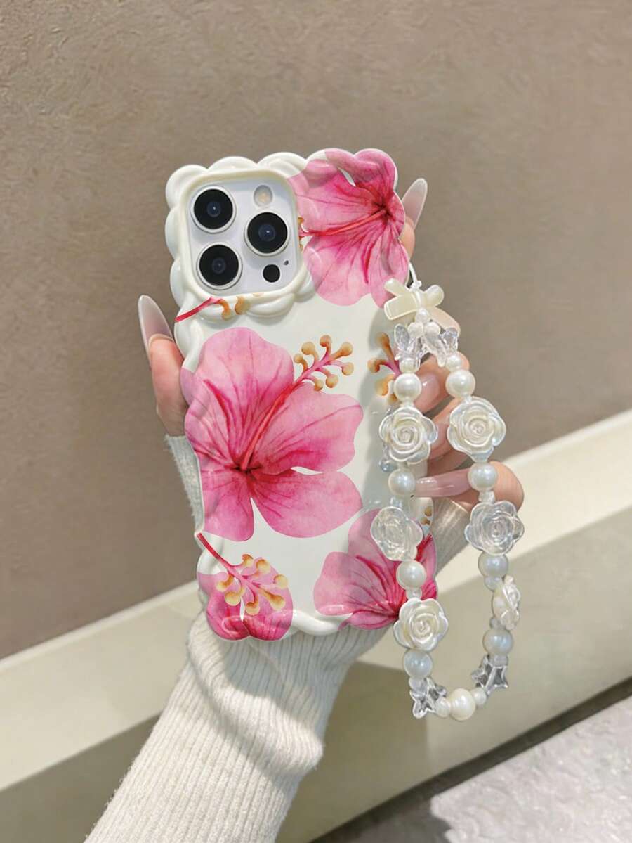 花卉图案彩绘编织波浪边米色彩绘可拆卸腕带防震加厚彩绘手机壳，兼容 17/17 Pro/17 Pro Max、16/14、糖果色 15、XS、7/8 Plus、XR、7/8、SE2、印花 11/11 Pro/11 Pro Max、14/14 Plus、13/13 Pro、12/12 Pro，柔软保护套
