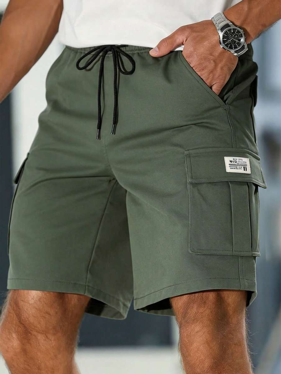 男士工装短裤，多口袋休闲抽绳腰带及膝裤，百搭百慕大短裤，适合户外徒步、旅行、城市通勤、夏季休闲穿着 - 軍綠色 - 查看 1